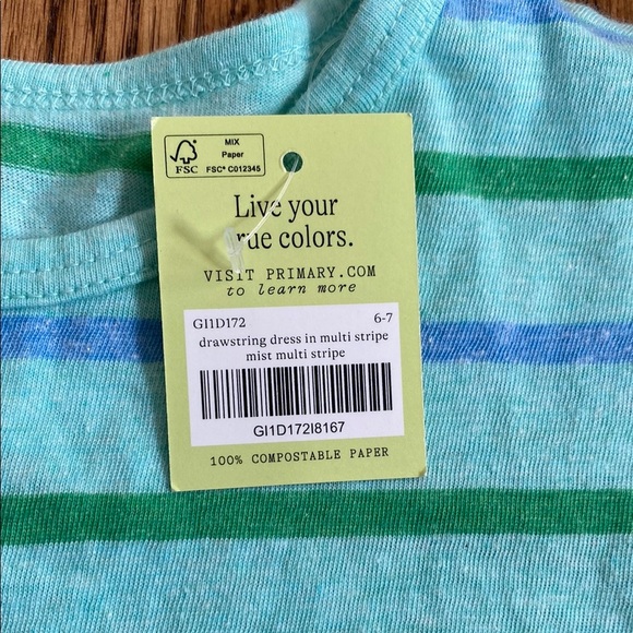 New with tag, blue and green striped Primary dress size 6-7. Ships quickly. - Picture 6 of 7